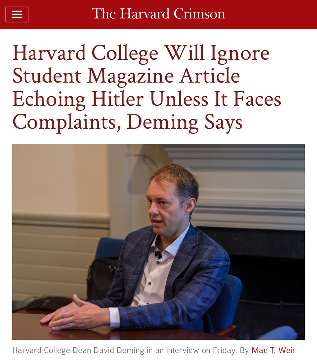 alexbronzini's tweet image. Last month, a conservative student magazine at Harvard published an article whose language echoed a Hitler speech.

Last year, when pro-Palestinian student groups circulated an antisemitic cartoon, it received national coverage. This, so far, has received none.