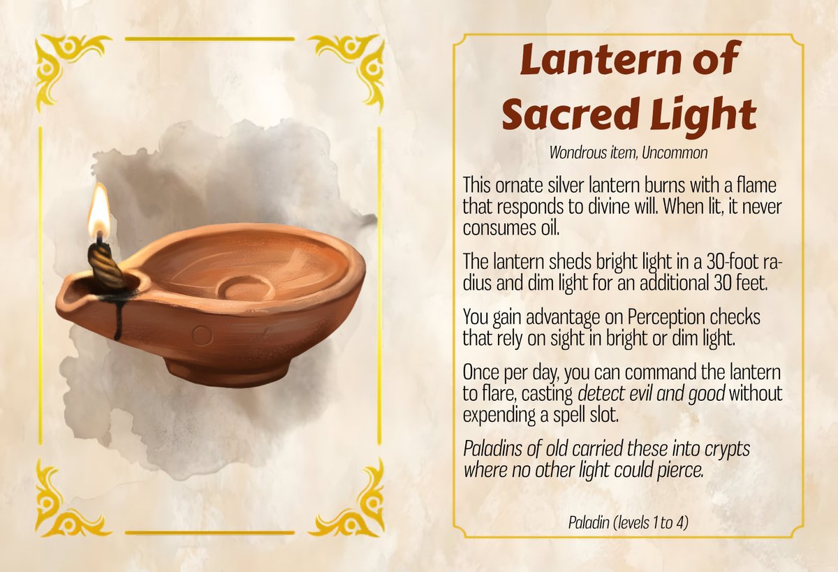 I have a Paladin human in my group that carries around a lantern whereas everyone else in the party has dark vision from racial traits. i decided to make a special magical item for them so they can see the world with the rest of the party!

#dnd #ttrpg #tabletop #games #critgames
