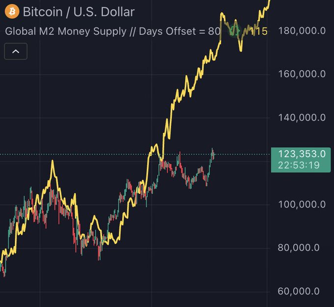 TradingView chart displays Bitcoin to USD price in yellow line rising from around 80,000 to over 120,000, overlaid with global M2 money supply in days offset shown in green line trending upward from 60,000 to 160,000, additional red and blue lines for other indicators, current values noted as 123,835 for Bitcoin and 22:53:19 timestamp, x-axis time scale and y-axis price/supply scale.