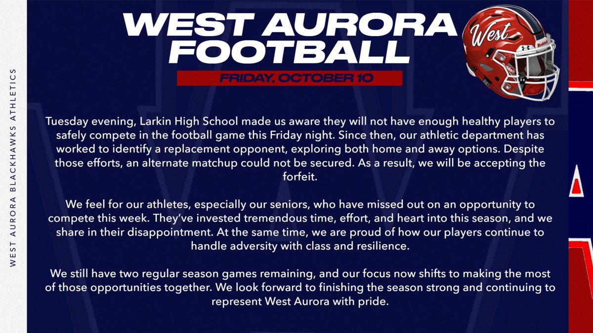 WAHSBlackhawks's tweet image. Friday&apos;s game @WABlackhawkFB game vs. Larkin is canceled.
