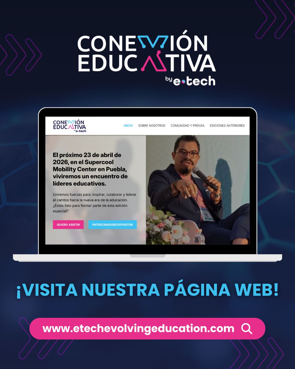 ConEdubyETech's tweet image. 🚀 En Conexión Educativa no sólo construimos el futuro de la educación ¡lo vivimos juntos!

📣 Entra a nuestra página web oficial, confirma tu asistencia o descubre cómo ser parte activa como patrocinador/expositor.

🔗 etechevolvingeducation.com

#ETECHEVENT #ConexiónEducativa2026