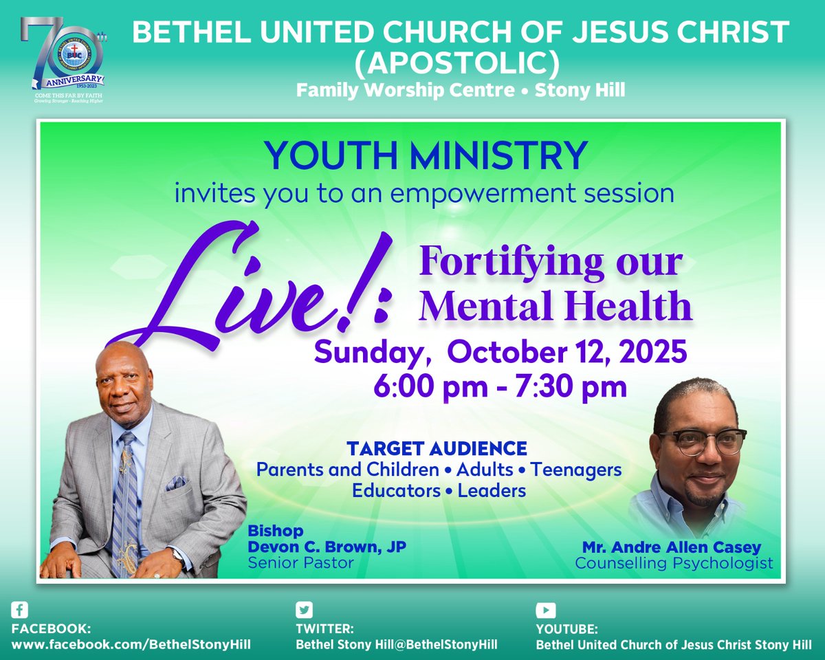 devon_snr's tweet photo. Resilience is a must! Together, let's strengthen our mental capacity to face the challenges of life. 

We are committed to living! Join the Bethel United Church of Jesus Christ (Apostolic), Stony Hill, as we fortify our mental wellbeing on *Sunday, October 12, 2025 https://t.co/kZMU9oaED3