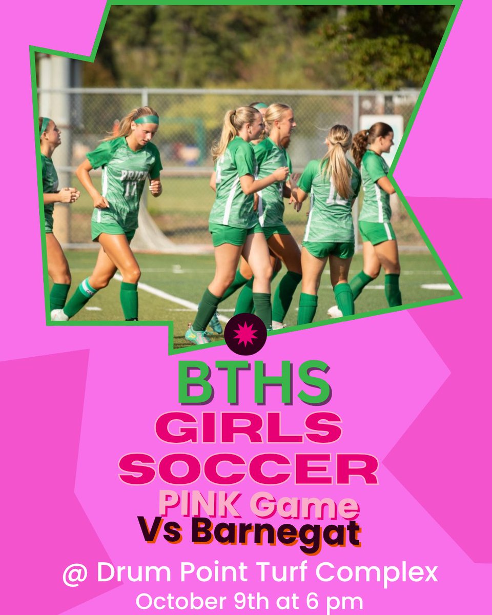 Come support the Girls Soccer Team in their annual Pink Game as we play for a cause and host Barnegat at 6pm on 10/9💗 Join us in raising awareness and funds for breast cancer research while cheering on our players. Wear pink and show your support!
<a href="/BTHS_SPORTS/">Brick Dragons Athletics</a> <a href="/BTgirlssoccer/">Brick Girls Soccer</a>