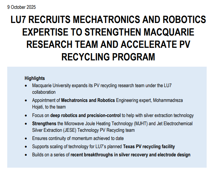 MrShare_expert's tweet photo. #LU7 #silver #recycle #Unicorn
LU7 RECRUITS MECHATRONICS AND #ROBOTICS EXPERTISE TO STRENGTHEN MACQUARIE RESEARCH TEAM AND ACCELERATE PV RECYCLING PROGRAM
⚡️focuses on deep robotics & precision Control
⚡️supports scaling
⚡️strengthens #MJHT & #JESE team https://t.co/he498h2Lwp