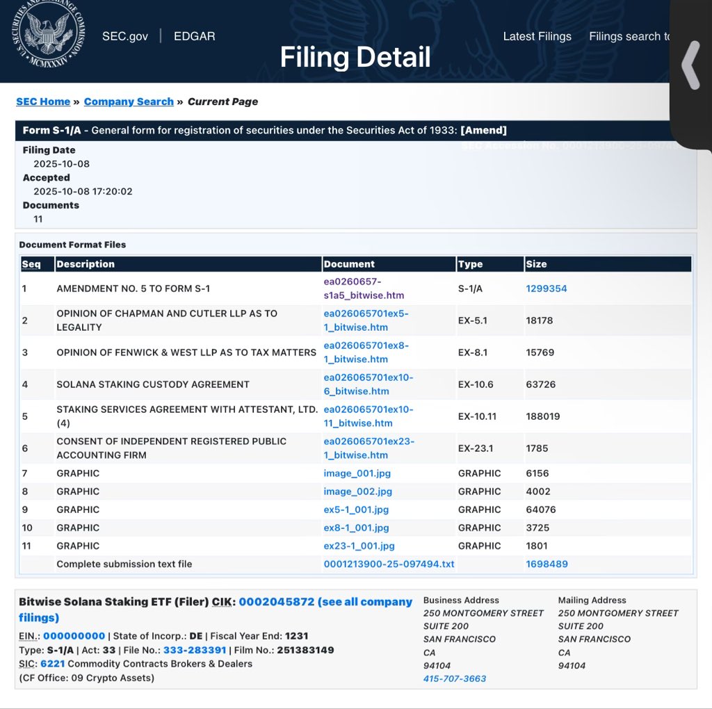 BitwiseのSolana Staking ETFに関するSEC申請のスクリーンショット