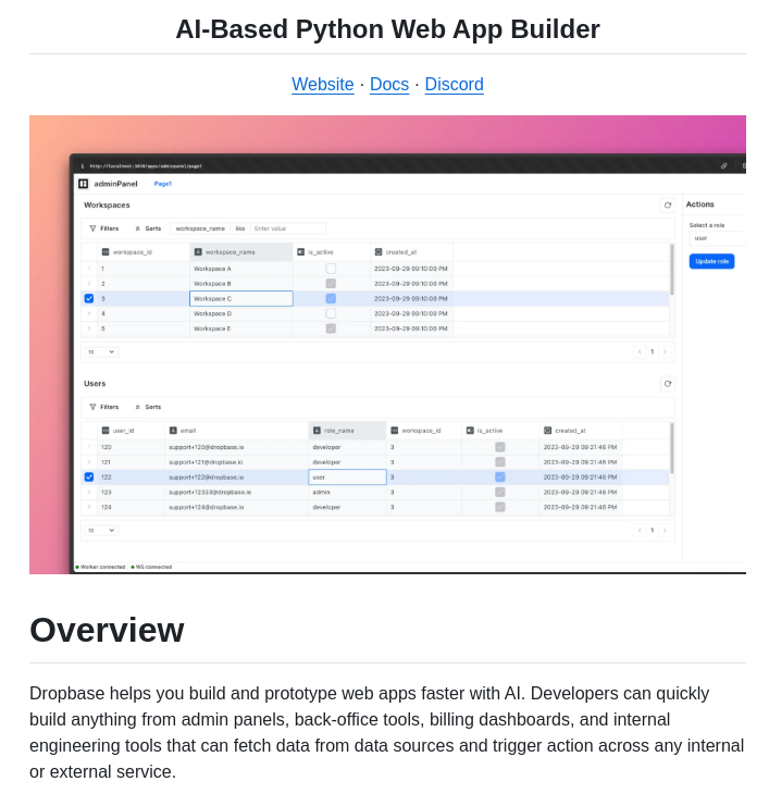 tom_doerr's tweet image. AI-powered Python tool for building and customizing web apps with code or drag-and-drop