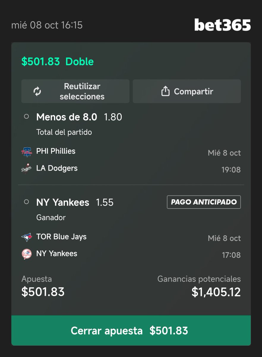 cazapicks333's tweet photo. Pick cazado 🎯 08-10-25

El pick del día.💵💰
Y siempre recuerda:
🪖 Somos cazadores del casino, no presas.
👉 Sígueme y caza con nosotros #Cazapicks #SportsBetting 
#Bets #Picks #tipster #MLBPicks #MLB https://t.co/OQWeCXY2cS