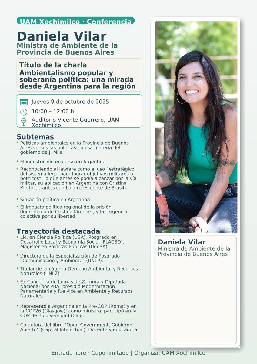 MAÑANA en <a href="/uamxoficial/">UAM Xochimilco</a> contaremos con la presencia de la Ministra de Ambiente de la Provincia de Buenos Aires, <a href="/danyvilar/">Daniela Vilar</a> <a href="/ambientepba/">Ambiente Provincia</a> 🌎✌🏼🌿