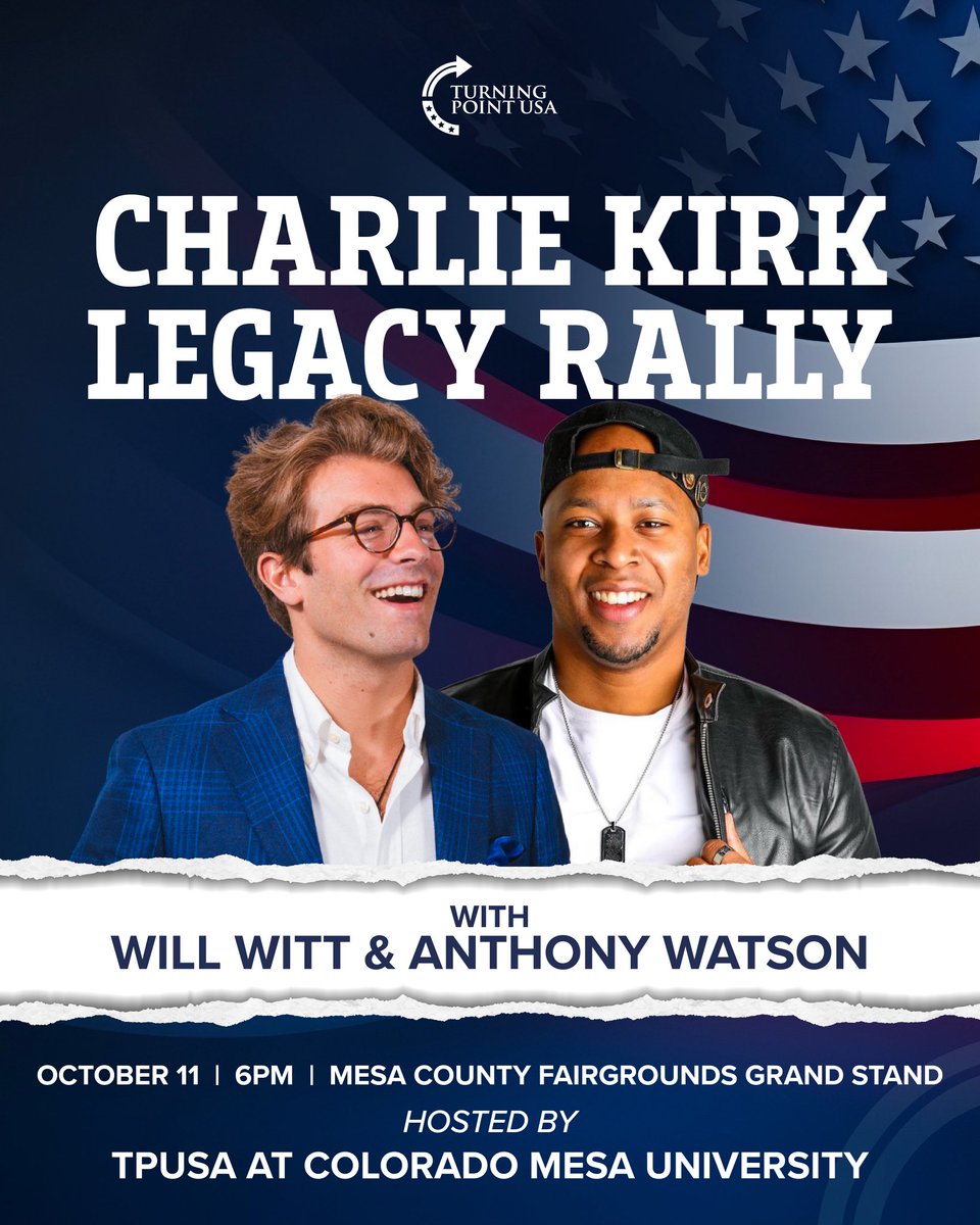 vlynstam's tweet image. THIS SATURDAY @TPUSA Colorado Mesa University is hosting a Legacy Rally in honor of Charlie Kirk🫶🏽
💥10.11
💥6:00PM
💥Grand Stands Mesa Fairgrounds
Join us for a night of remembrance, worship, & fireworks!🎇
RSVP HERE💫
events2022.tpusa.com/events/legacy-…