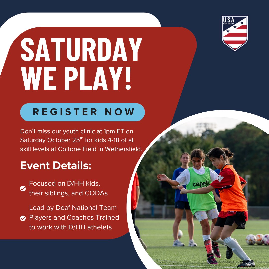 USA Deaf Soccer (@usadeafsoccer) on Twitter photo Hartford — we’re coming your way! ⚽️
Join the USA Deaf Soccer Youth Clinic Sat, Oct 25, w/ <a href="/CJSA/">CT Junior Soccer</a> , ahead of the 🇺🇸 Men’s Deaf NT vs 🇩🇪 Germany match Sunday.
Think of ONE person who should be there — tag or DM them now.
crm.nonprofiteasy.com/10966/Pages/Ev… Hartford — we’re coming your way! ⚽️
Join the USA Deaf Soccer Youth Clinic Sat, Oct 25, w/ <a href="/CJSA/">CT Junior Soccer</a> , ahead of the 🇺🇸 Men’s Deaf NT vs 🇩🇪 Germany match Sunday.
Think of ONE person who should be there — tag or DM them now.
crm.nonprofiteasy.com/10966/Pages/Ev…