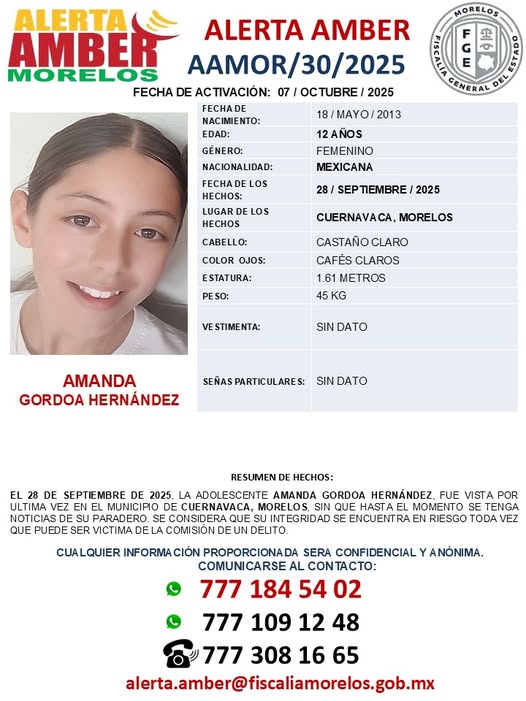 Fiscalia_Mor's tweet photo. #FiscalíaMorelos activa #AlertaAmberMorelos  para la búsqueda y localización de AMANDA GORDOA HERNÁNDEZ  de 12  años de edad. https://t.co/PjZQqGBqlr