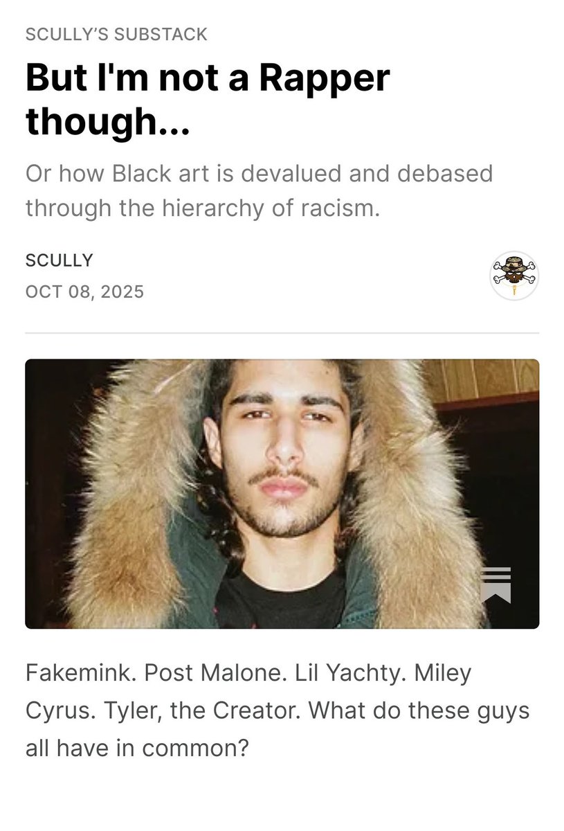 this weeks edition is on fakemink, Miley Cyrus, Lil Yachty, and how when people distance themselves from Rap, how it screams of Racism and anti-Blackness. Yes it is that deep! open.substack.com/pub/isthatscul… read it, share it, retweet it, comment, subscribe, all of that good stuff