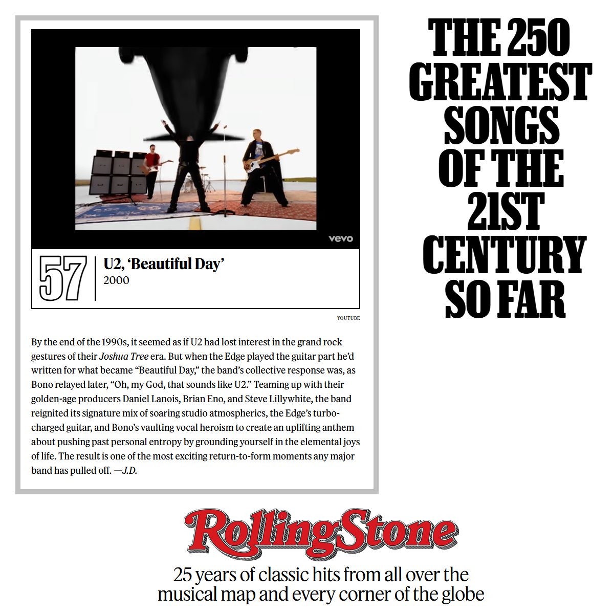 u2songs's tweet photo. U2 lands at #57 on Rolling Stone's "The 250 Greatest Songs of the 21st Century So Far" list. See the full list here: https://t.co/vNEZ96g8ce https://t.co/mx4EIGme2Q