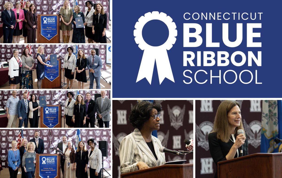 EducateCT's tweet photo. 🎉 CT Blue Ribbon Schools Program Recognizes Inaugural Cohort of Honorees 🎉

Earlier today, Lt. Governor @LGSusanB and Commissioner @CharleneRTedu joined state and local leaders at North Haven High School to celebrate the CT Blue Ribbon Schools Program and recognize four outstanding public schools for their excellence in academic achievement and student success:

🏅House of Arts, Letters, and Science (HALS) Academy, New Britain

🏅Gildersleeve School, Portland

🏅Green Acres Elementary School, North Haven

🏅Weston Intermediate School, Weston

Our CT Blue Ribbon Schools represent what is possible when educators, families, and communities come together to ensure every student has the opportunity to unlock their lifelong potential.