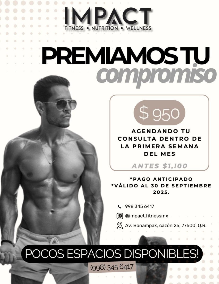 HuayacanCancun's tweet photo. 💥 Tu esfuerzo merece recompensa 💥
Agenda tu consulta por solo $950 y transforma tu bienestar 🌱✨
📅 Válido hasta el 15 de octubre.
⚡ ¡Pocos espacios disponibles!
#ImpactFitness #Nutrición #Wellness https://t.co/PqV5PJ7NqG