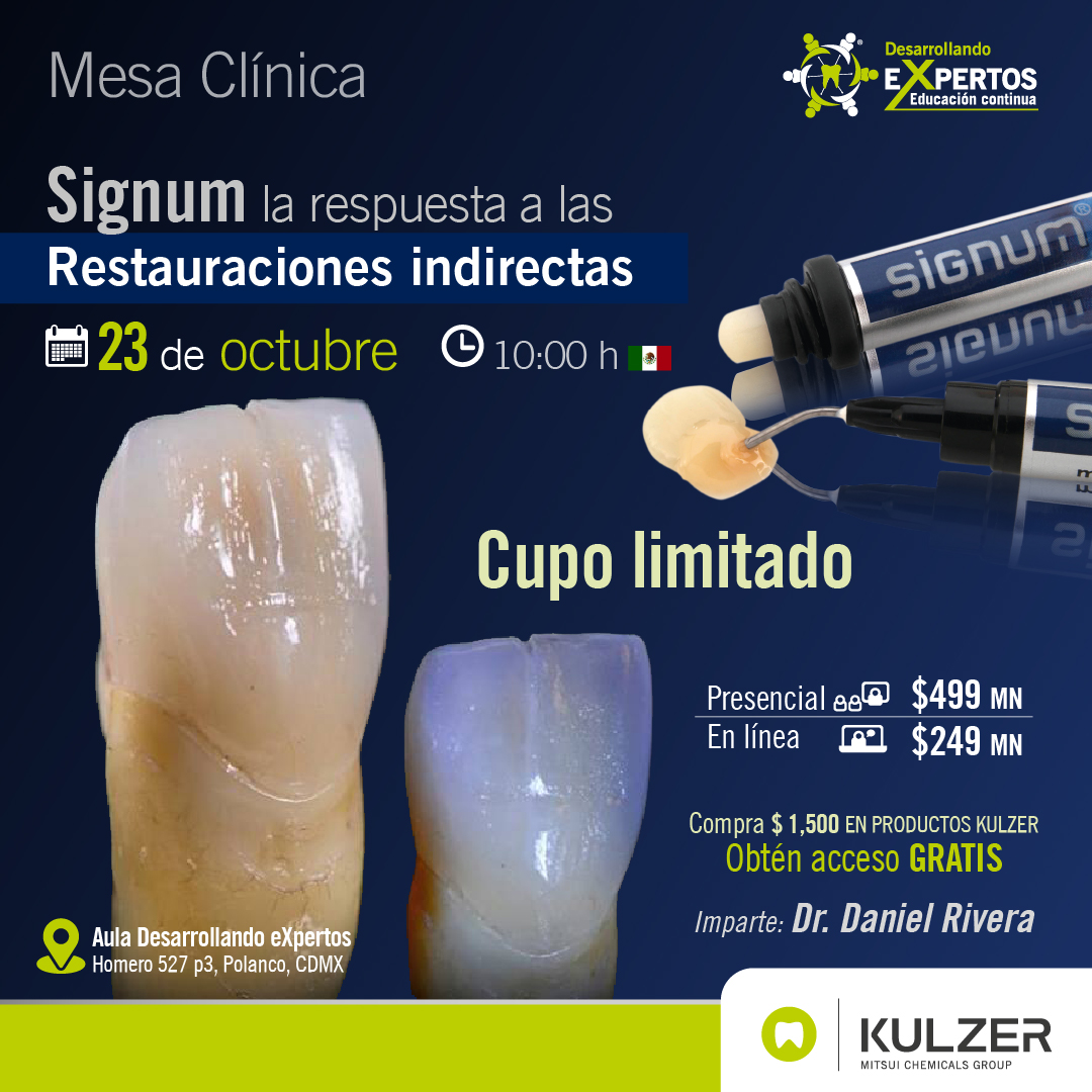 kulzermexico's tweet image. #CURSO BÁSICO 🔝
Signum - la respuesta a las restauraciones indirectas 

📆 23 de octubre
👉 fcld.ly/mc-signum 

#SomosKulzer #Kulzer 🦷💚 #DesarrollandoeXpertos #MesaClinica