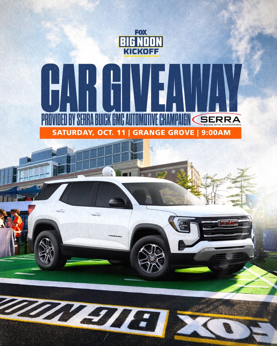 IlliniFootball's tweet photo. Big Noon just got bigger 👀 One lucky fan at Grange Grove will drive off in a free car from Serra Buick GMC Champaign. https://t.co/dv9hTp2VVk