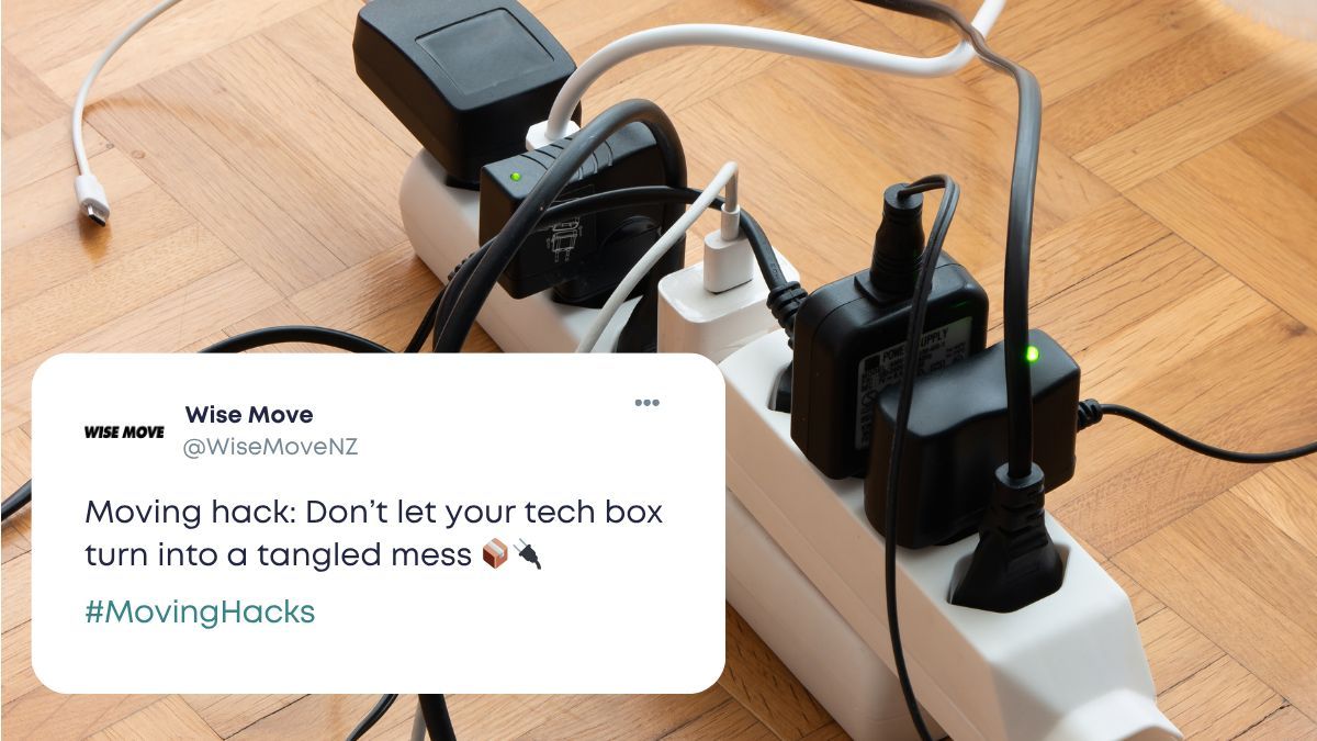 WiseMoveNZ's tweet photo. Label cords &amp; chargers before moving. Use masking tape to mark the device + a rubber band to keep them neat. Saves hours of frustration when setting up your new home. 👍😎 https://t.co/nhhI9vmPpG