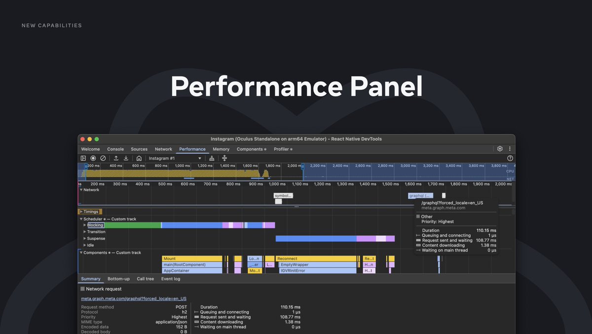 huntie's tweet image. Say hi to the new Developer Experience features we just announced at React Conf! ⚛️ ✨

(🧵1/4) Coming in React Native 0.83, we&apos;re introducing new capabilities for performance, with support for several Web Performance APIs and the Performance Panel in React Native DevTools.…
