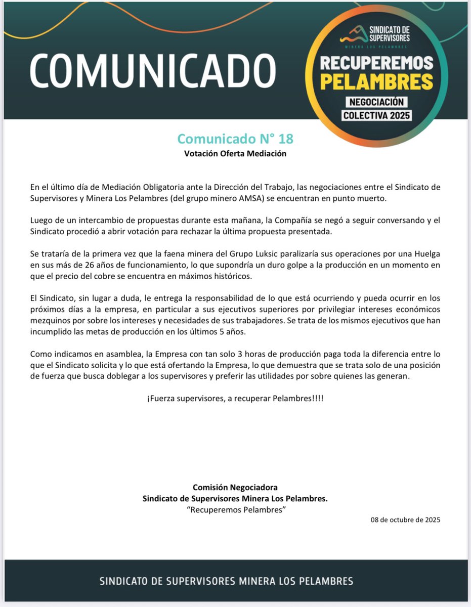 SSMLP1704's tweet photo. 🔴 URGENTE

Inminente Huelga en Minera Los Pelambres @aminerals ante negativa de la empresa de seguir negociando en último día de Mediación.

@ReporteMinero @DFinanciero @ctmineria @FESUMINchile @FederacionBHP @Cooperativa @biobio @Fesam_AMinerals https://t.co/i3KPzztc3o