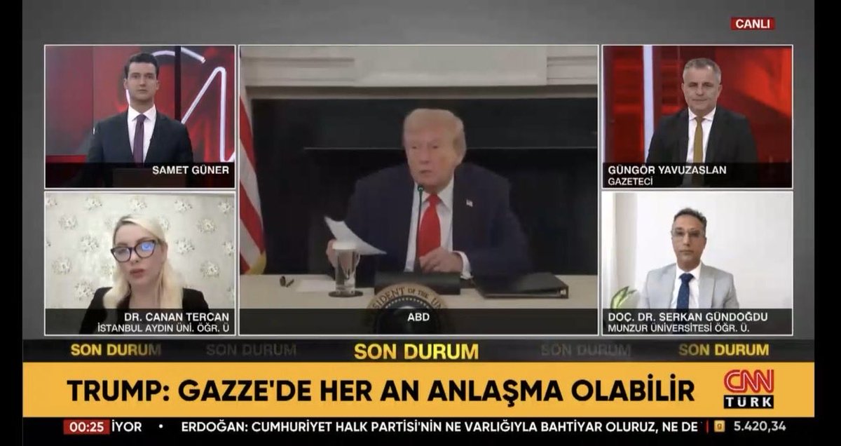 Mısırda devam eden Hamas- İsrail Barış arayışı görüşmelerini Sn. Samet Güner moderatörlüğünde Sn. Dr. Canan Tercan hocam ve Sn. Güngör Yavuzaslan ile CNNTÜRK ekranlarına değerlendirdik. <a href="/CananTercan7866/">Canan Tercan</a> <a href="/gyavuzaslan74/">GÜNGÖR YAVUZASLAN</a> <a href="/cnnturk/">CNN TÜRK</a>