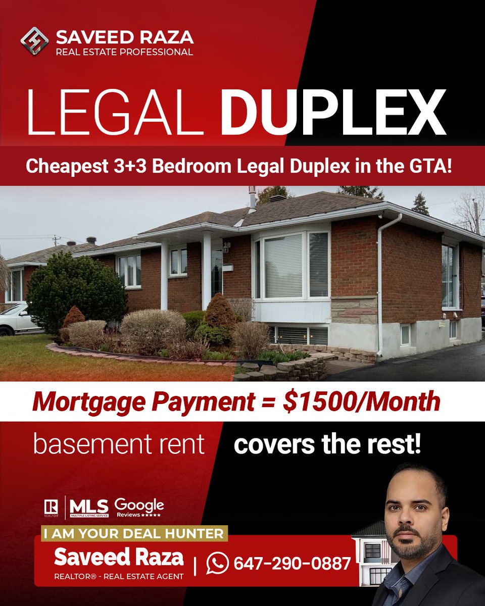 saveed's tweet image. Live in one unit and rent the other. You’ll only need around $1,500/month for your mortgage, and the basement rent covers the rest! 🔑 A smart move for first-time buyers or investors! 📈
📲 Call me today and let’s get it DONE!
📞 Saveed Raza: (647) 290-0887