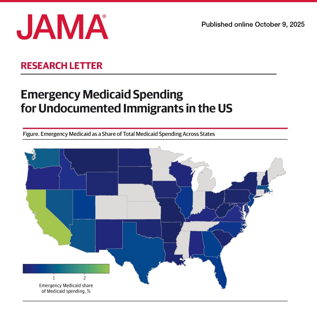 JAMA_current's tweet photo. Emergency Medicaid accounts for less than 1% of total #Medicaid spending, even in states with large undocumented populations. 

https://t.co/XYrQqhr4iu https://t.co/3bEszu6Ksv