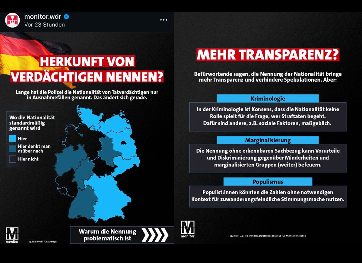 Nicole_Hoechst's tweet image. Der WDR erklärt, warum man die Täterherkunft besser verschweigt –
weil Bürger sie „falsch verstehen“ könnten.

So wird aus Journalismus Erziehung.
Aus Information Manipulation.
Und aus Vertrauen Misstrauen.

#WDR #Monitor #Meinungsfreiheit #Medienkritik #Transparenz