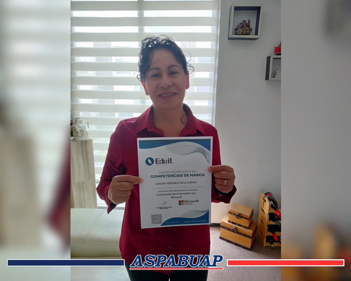 Con gran orgullo felicitamos a la Dra. Sandra Valle Correa, docente del Complejo Regional Centro, sede Amozoc, de la BUAP, por convertirse en la primera académica certificada en IA Copilot Generativa, Python y Excel. Su logro refleja compromiso y dedicación

#SomosUnaGranFamilia