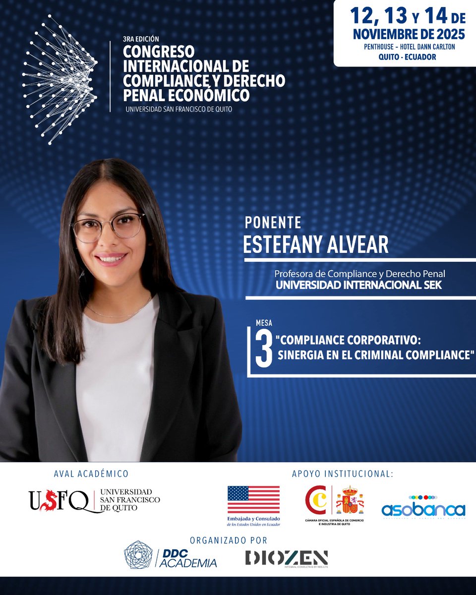🔵 #CODPE2025  
¡Panelista confirmada! <a href="/stefyalvear/">Estefany Alvear</a> , Profesora de Compliance y Derecho Penal de la <a href="/UISEK/">UISEK | Universidad Internacional SEK</a>  

Mesa 3 "Compliance corporativo: sinergia en el criminal compliance".

🔗Mas info: ddcacademia.com/CODPE2025/Insc…