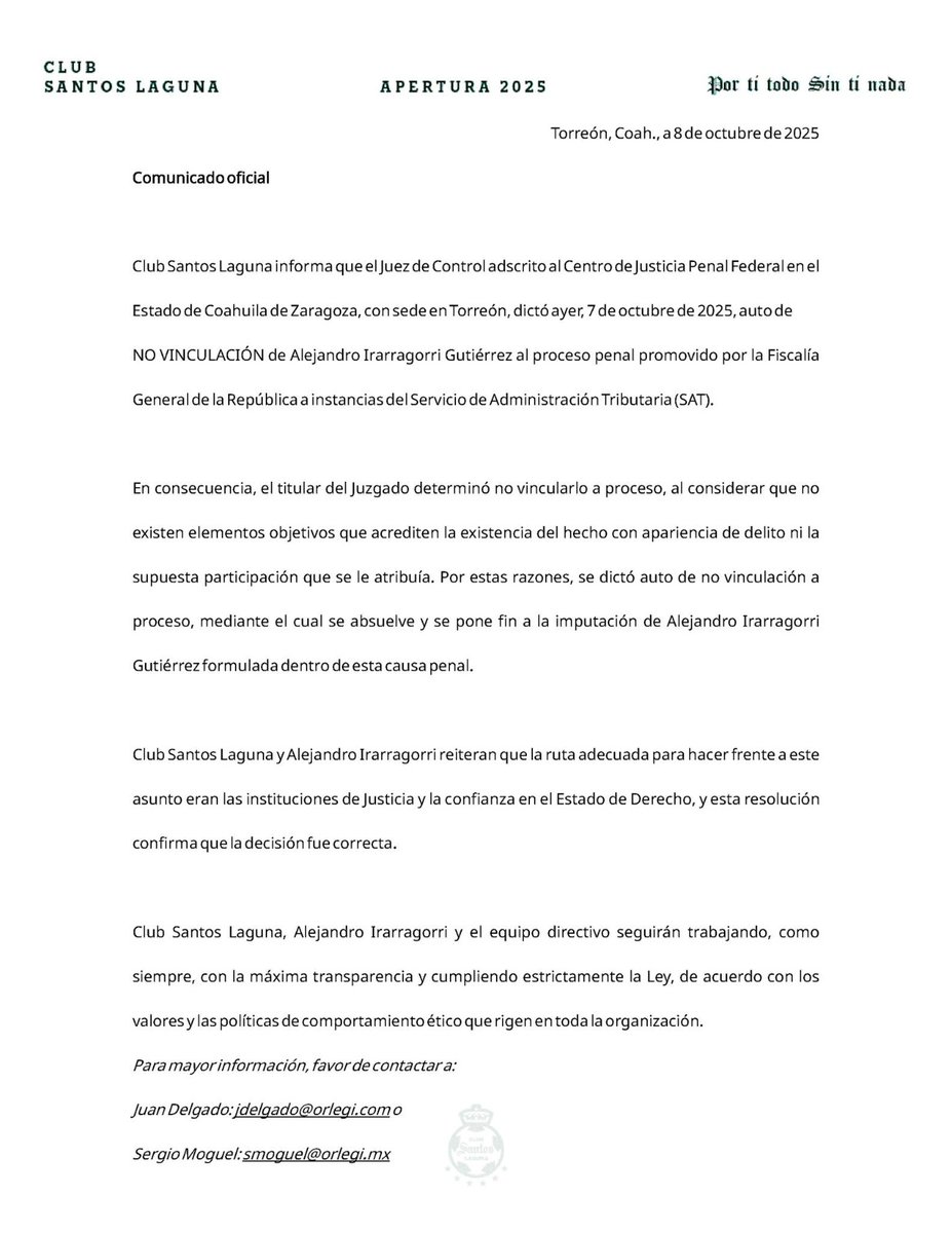 Comunicado oficial de <a href="/ClubSantos/">Club Santos</a>

Auto de no vinculación para <a href="/Irarragorri/">Ale Irarragorri</a>.