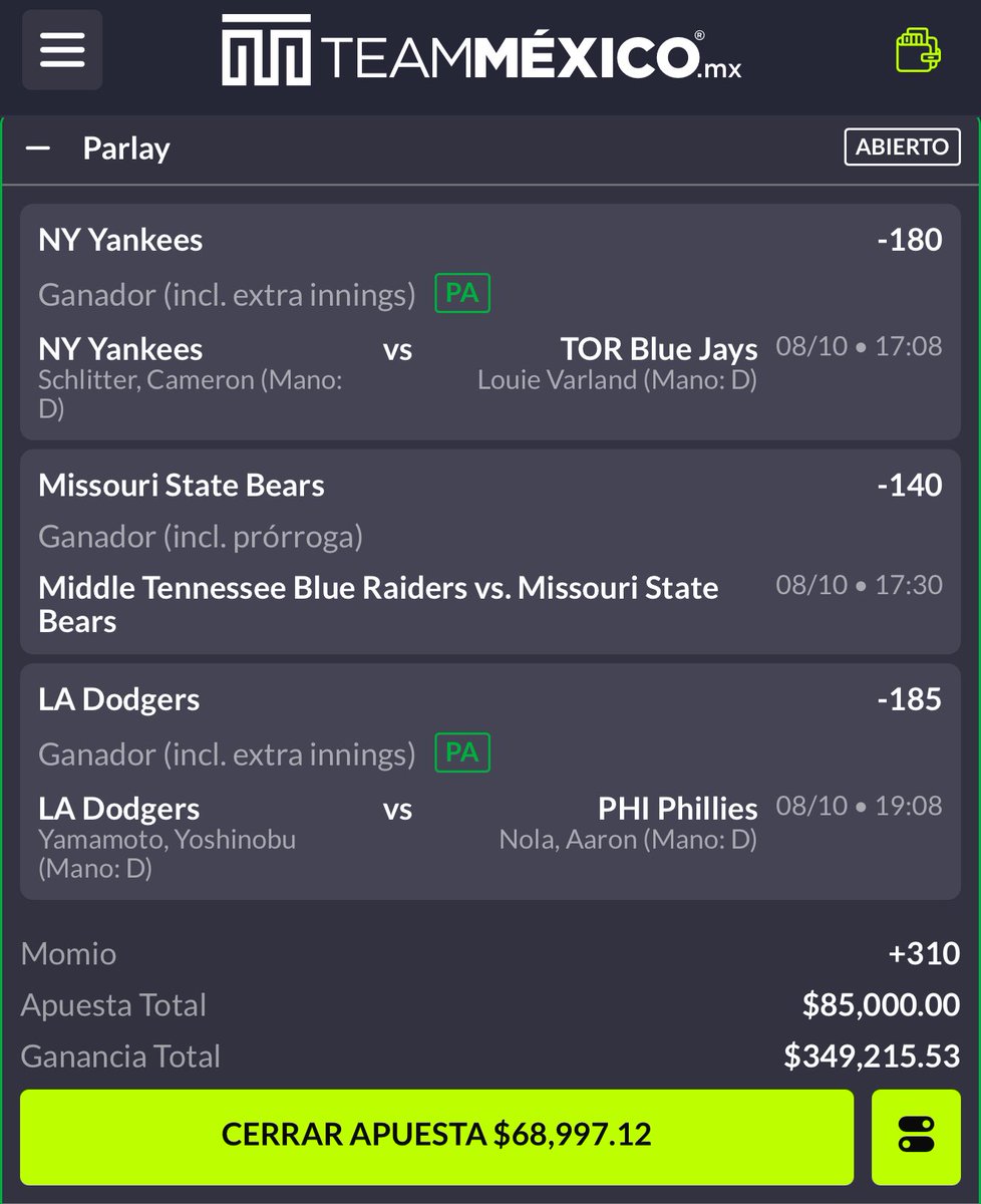 hugowx_'s tweet image. Denle al ❤️ todos los que metan el paso 3 y último del reto $1,600 a $25,000🪜

Parlay +330 MLB + NCAAF ⚾️🏈

Yo lo inicié con $60,000 este reto, vamos sin miedo al éxito con este +330 (lo metí en 2 tickets diferentes) 😈
