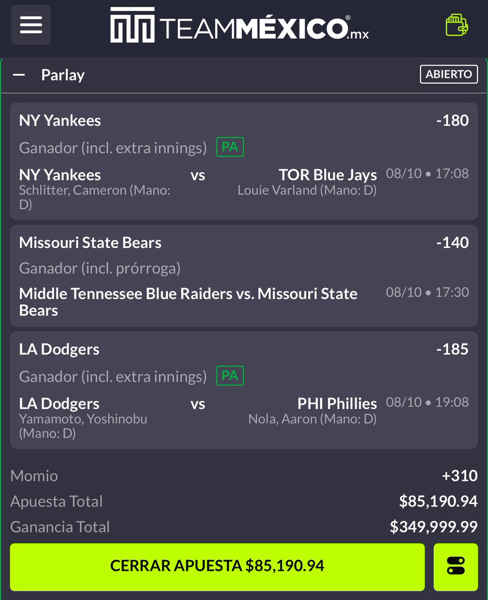 hugowx_'s tweet image. Denle al ❤️ todos los que metan el paso 3 y último del reto $1,600 a $25,000🪜

Parlay +330 MLB + NCAAF ⚾️🏈

Yo lo inicié con $60,000 este reto, vamos sin miedo al éxito con este +330 (lo metí en 2 tickets diferentes) 😈
