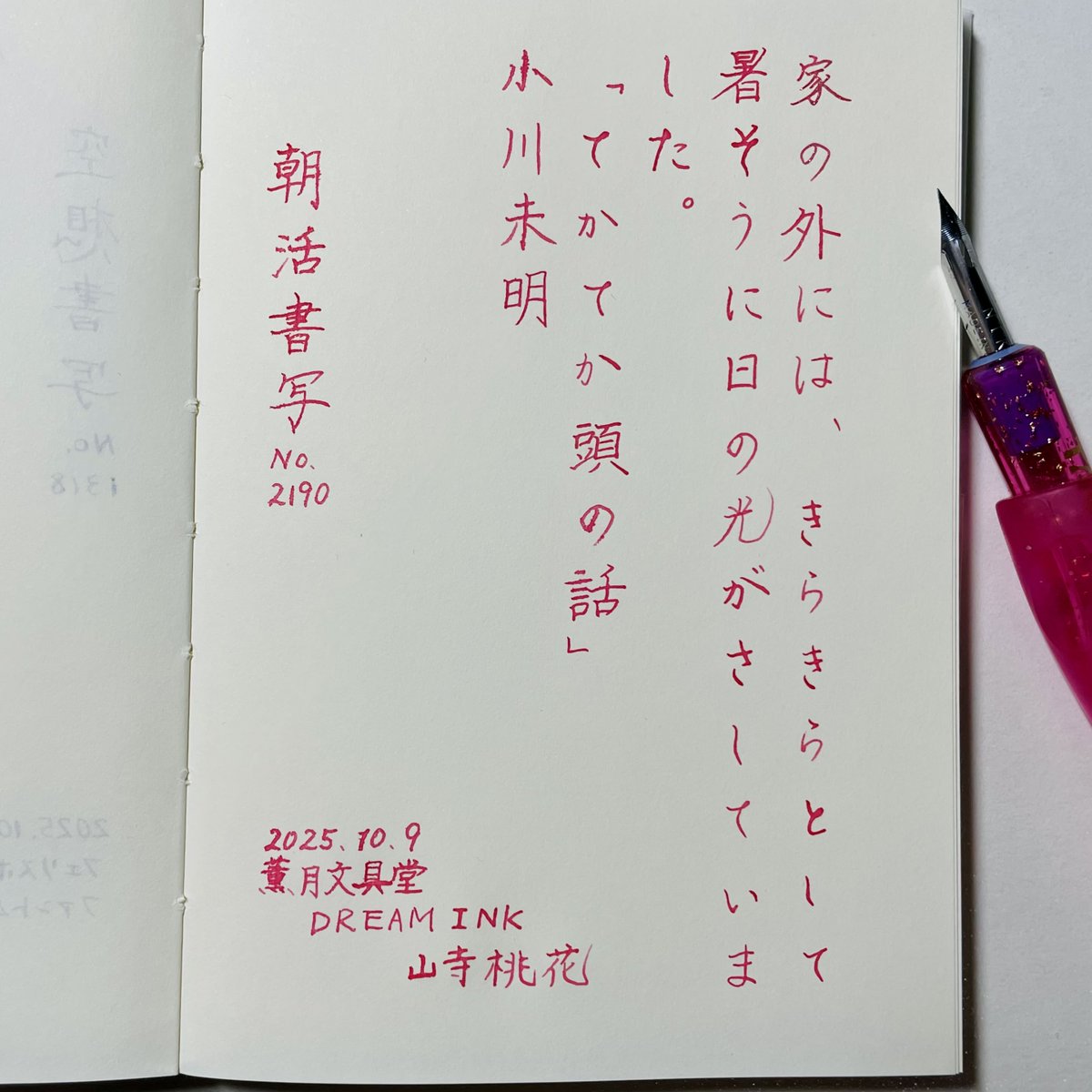 おはようございます。
お題ありがとうございます。

『てかてか頭の話』 #小川未明 
#朝活書写 No.2190
#朝活書写_2190

使用インク　#薫月文具堂 #DREAMINK  山寺桃花