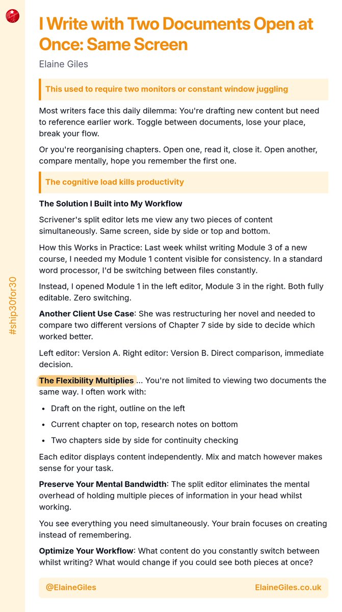 ElaineGiles's tweet photo. Every time you switch between documents, you break your flow.

There's a solution! It’s the ultimate focus booster:
✨ No switching
✨ No searching
✨ No lost flow

Here’s how I built it into my workflow 👇

#Ship30for30 #WritingWorkflow #Scrivener #CreatorProductivity https://t.co/lKLozgwkUT