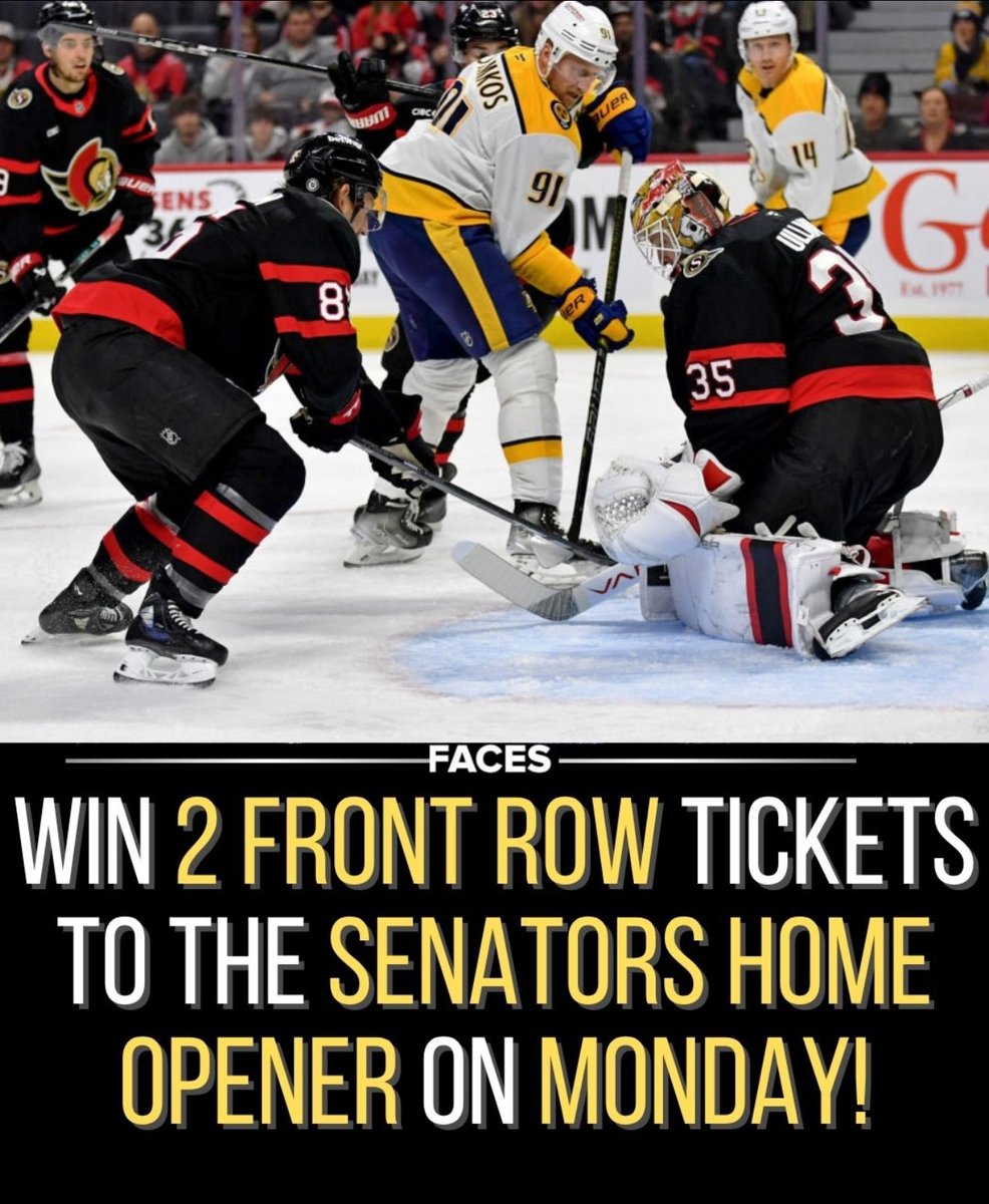 facesottawa's tweet image. 🚨 RT & Follow @facesottawa for your chance to 2 FRONT ROW tickets to the Sens home opener vs NSH on Monday 🏒 #GoSensGo #ottawa