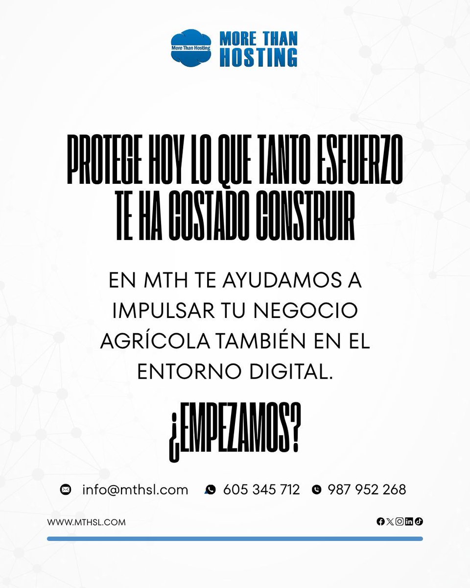 Así como cuidas tu maquinaria 🚜, protege los datos 💾 de tu empresa. Con pasos sencillos puedes ganar tranquilidad y enfocarte en tu negocio 💼. En MTH te damos 8️⃣ recomendaciones para un día a día digital más seguro 🔒. 

¡Hablemos! 👉 987.952.268