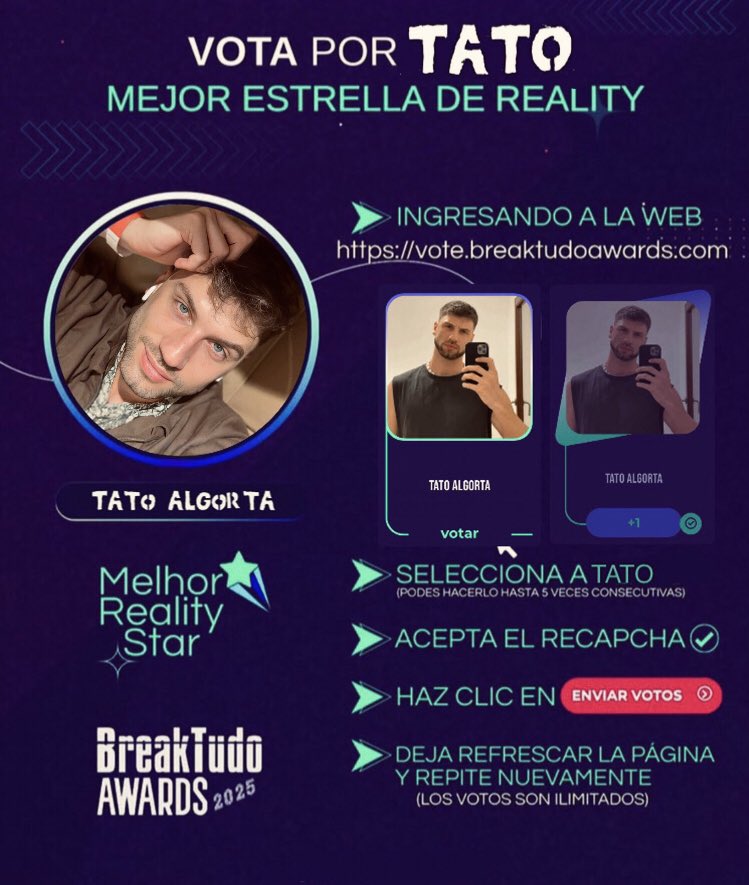 🚨|INICIAMOS LA MASIVA DE VOTOS!

🔻
vote.breaktudoawards.com/vote/melhor-re…

Recuerden publicar la cantidad que emiten junto al hashtag👉🏻 #TatoBreakTudoAwards para facilitarnos a la hora de contabilizarlos ✈️

QUEDAN SOLO TRES días, DENLO TODO Y MAAS CARAJO! ⚡️ #OnlyTato