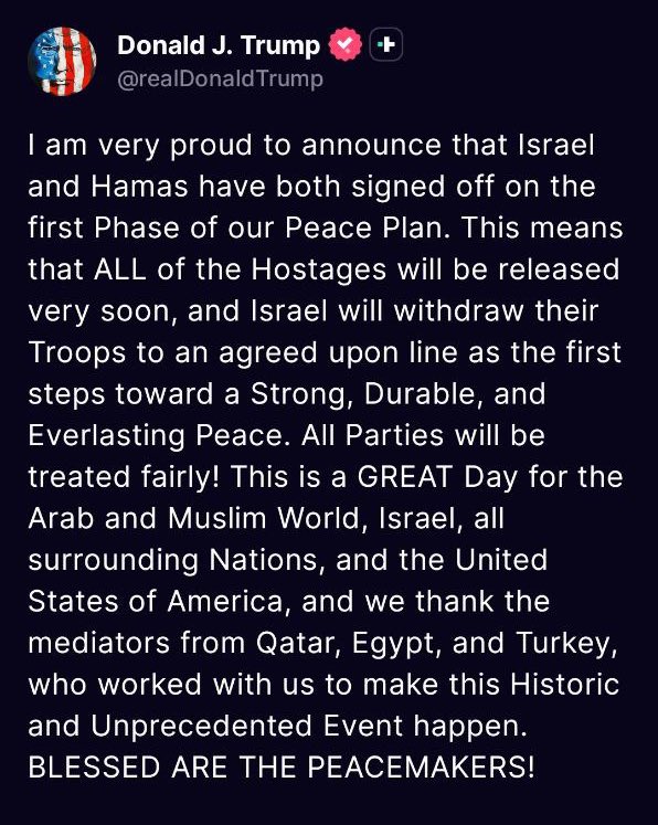 BNONews's tweet image. BREAKING: Trump says Israel and Hamas agree to first phase of peace plan, hostages to be released and Israeli troops to withdraw