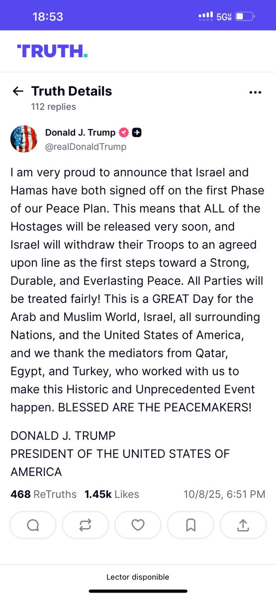 Trump anuncia que hay acuerdo entre Hamas e Israel para la primera fase del plan de paz. Dice que los rehenes serán liberados e Israel se retirará hasta la primera línea pactada