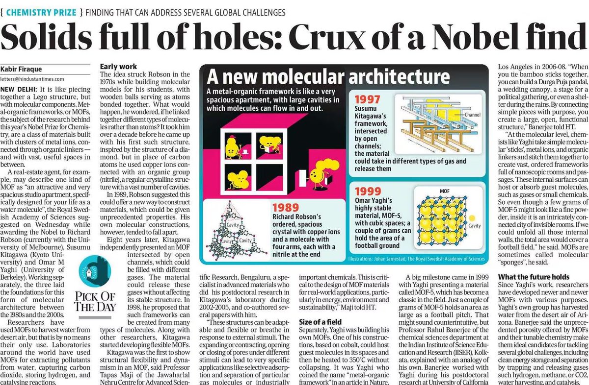 KaliKamlesh's tweet image. 🏆 Solids full of holes, possibilities full of promise.   MOFs—molecular Lego with vast inner worlds—win the Chemistry Nobel. From desert water to carbon capture, science builds breathable futures. #NobelPrize #MOFs #MolecularArchitecture #CleanEnergy #WaterHarvesting @gork