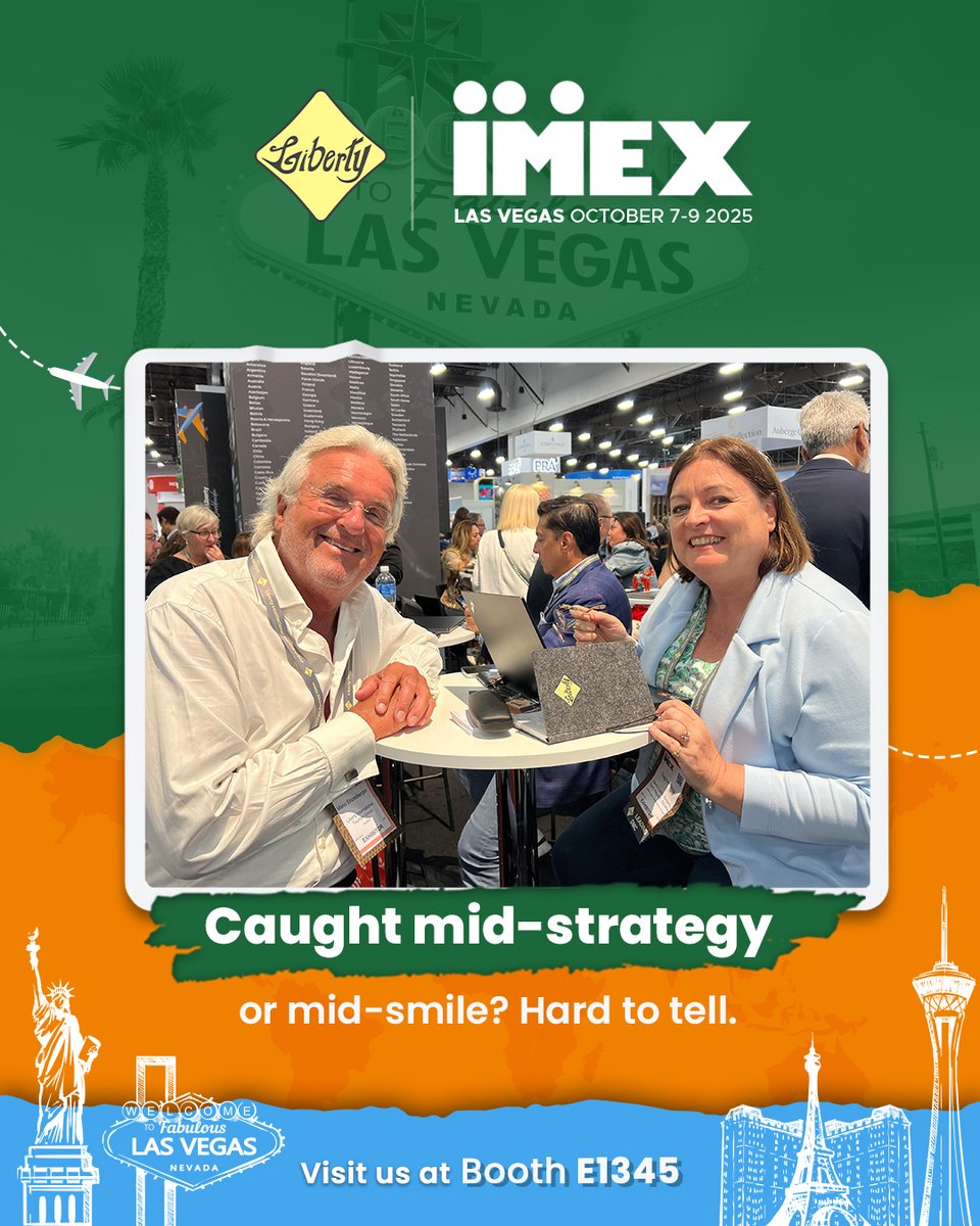 liberty_itg's tweet photo. Caught mid-strategy or mid-smile? Hard to tell. 😉
Either way, that’s the look of Liberty in action at IMEX Las Vegas.
#IMEX25 #IMEXAmerica #IMEXLasVegas #LibertyDMC #LibertyTourism #LibertyFamily #EventProfs #MICE #DMC #EventPlanners 🗽🌎 https://t.co/0uKYtjuNYp