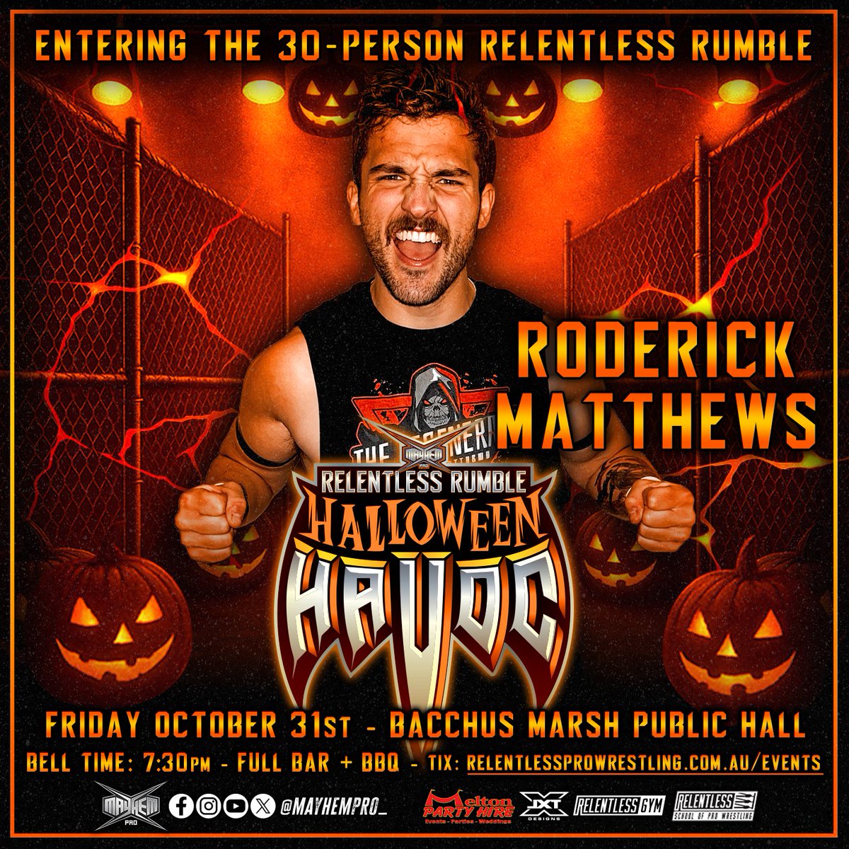 ‼️Relentless Rumble Entrants‼️

The Calamity  <a href="/MJRussopro/">MJ Russo</a> 
 &amp; 
The exciting new <a href="/RodMatthewspw/">Roderick Matthews</a> 

Could either of these men win the Relentless Rumble &amp; earn a title shot at Mayhem Pro?

📅Fri Oct 31
📍Bacchus Marsh Public Hall
🔔7:30pm 
🎟️relentlessprowrestling.com.au/events
