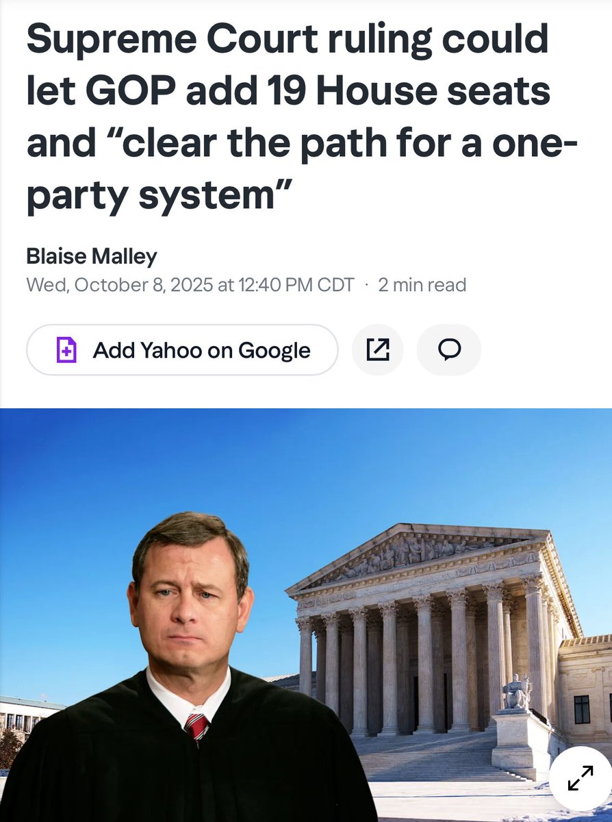 SantaSurfing's tweet image. On October 15, 2025 SCOTUS will make a ruling that could let the GOP add 19 House Seats clearing the path for a one party system!!!
This is exactly what is in the Constitution…one party…the party of the Republic!!! 💥💥💥💥
yahoo.com/news/articles/…