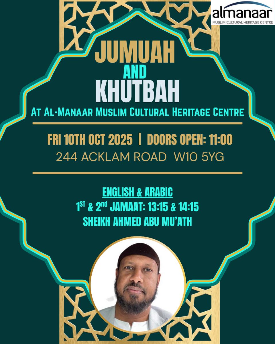 This Friday Jumua'ah Prayer led by:

1st Jamaat -Sheikh Ahmed Abu Mu’ath
2nd Jamaat - Sheikh Ahmed Abu Mu’ath

1st Jamaat will begin at 13:15
2nd Jamaat will begin at 14:15

The Khutbah will be delivered in both Arabic and English to benefit all of the congregation.