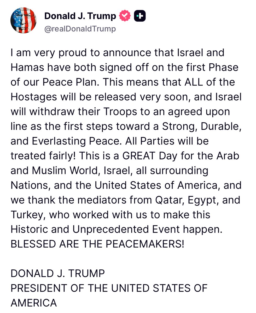 A historic day for the United States, Israel, and peace in the Middle East. 

President Trump has once again delivered on his promise to achieve peace through strength. An incredible feat that will go down in history. 

NOBEL PEACE PRIZE! 🇺🇸🇺🇸