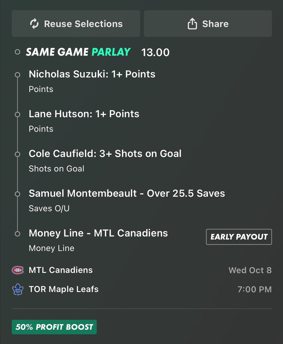 ProfitOffProps's tweet image. NHL Parlay 🌟💣

Habs vs Leafs 

Who’s tailing?