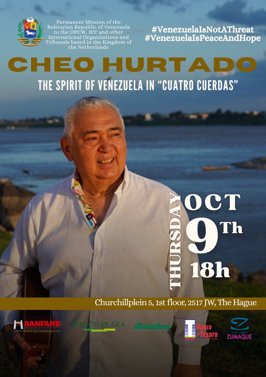 MisionVenOPAQ's tweet image. Maestro Cheo Hurtado will delight audiences in The Hague with a beautiful recital of cuatro, traditional Venezuelan root music.
#VenezuelaIsNotAThreat
#VenezuelaIsPeaceAndHope
#CheoHurtado