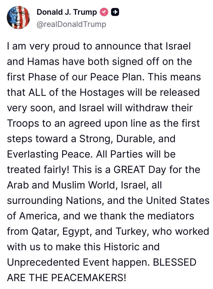 Lorenzo Pregliasco (@lorepregliasco) on Twitter photo Trump annuncia che Israele e Hamas hanno firmato la prima fase del piano di pace. Trump annuncia che Israele e Hamas hanno firmato la prima fase del piano di pace.