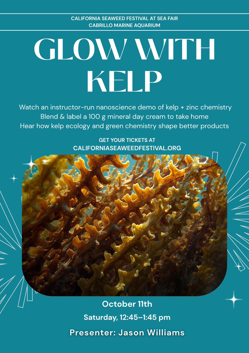 ExtractExplorer's tweet image. This Saturday, Oct 11, 12:45–1:45 pm, Cabrillo Marine Aquarium (San Pedro), I will host:
🌿Glow with Kelp 🌊 - DIY Sunscreen Workshop
at the California Seaweed Festival!
I’ll demonstrate ZnO synthesis from kelp. Participants will blend a 100g mineral day cream to take home, plus…